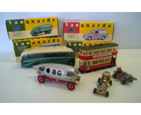 A tray of mixed diecast to include 4 boxed Vanguards Lorries & Vans, Corgi Tom & Jerry, and Rio 'bubblecar'.