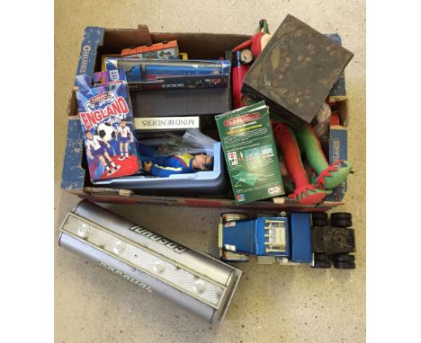 A box of assorted toys & games to include Subbuteo England team (complete).