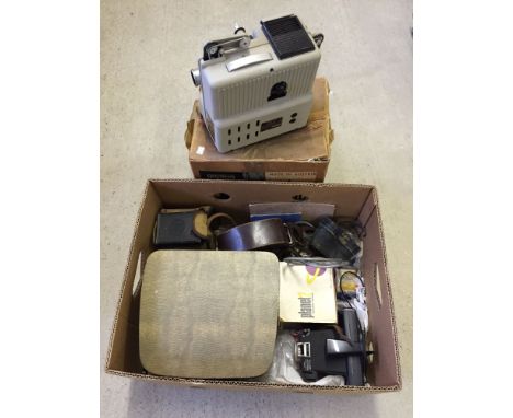 A Eumig boxed projector together with a box of misc photography items to include vintage cameras and a pair of binoculars.