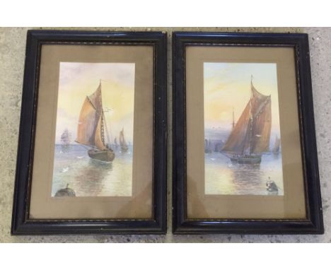A pair of vintage framed and glazed prints of Wherry's at sea. Approx visible print size 34cm x 20cm.  Titled in pencil 'Sund
