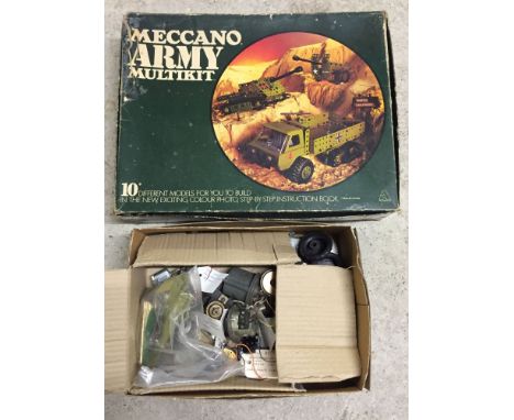 Boxed Meccanno Army Multikit c1970s with a box of misc parts & motors.