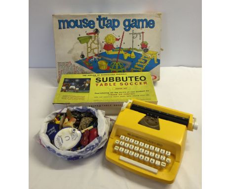 A box of toys & games to include vintage Subbuteo, Supertouch 80 childs typewriter, Mouse Trap game and keyring collection.