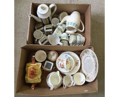 A box of mixed ceramics to include Crescent & Sons part tea set, a Midwinter coffee set "Queensbury" design and a Royal Tunst