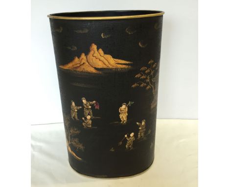 A black Toleware umbrella/stick stand with oriental design.