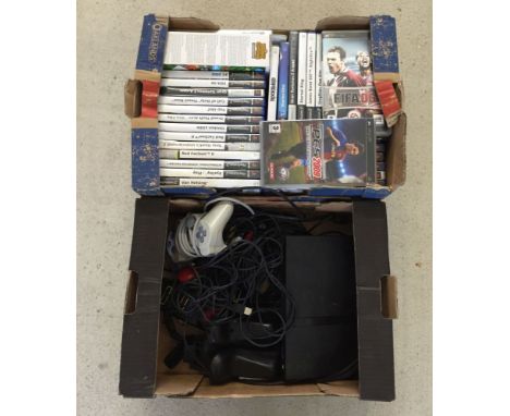 An unboxed PS2 slim console together with controller, 2 memory cards, Eye Toy camera, Set of 4 Buzz! controllers, power and v
