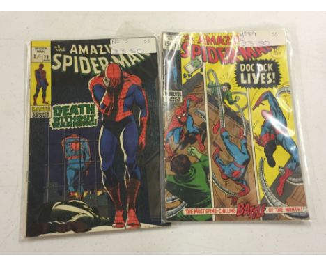 2 vintage issues of 'The Amazing Spider-Man': Issue #75 'Death Without Warning!' and Issue #89 'Doc Ock Lives!'.