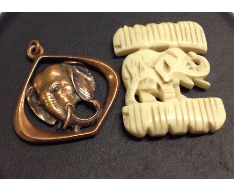 A carved bone elephant figure 3cm x 4cm, together with a vintage 3D copper elephant pendant, approx 4cm x 4cm.