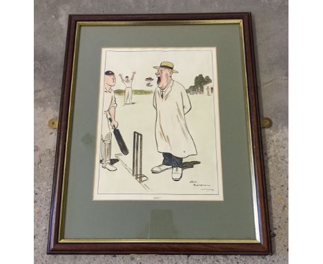 A vintage hand coloured cricket cartoon print by Jim Bateman entitled 'Out'. Visible print size approx 25cm x 19cm. Framed an