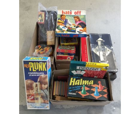 4 boxes of vintaage toys & games to include Thomas the Tank Engine books & jigsaws, Mr Men, Spears games & K'nex.