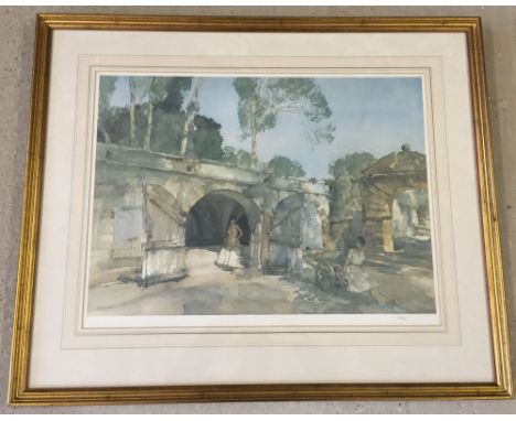 A large William Russel Flint Ltd Edition print of 2 ladies by the entrance to a stone farm building #212/850. Gallery embosse