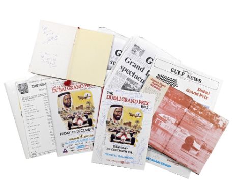 A 1981 Dubai Grand Prix Ball programme signed by attending drivers, with race programme, menu, and related ephemera,comprisin