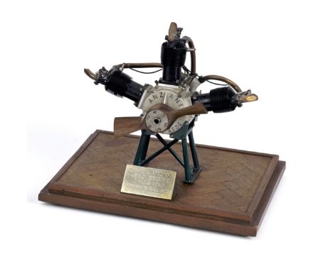 A 1:5 scale model 28Hp 3 cylinder Anzani aero engine by A. Walshaw,finely detailed engineered model, with truncated wooden pr