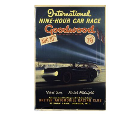 A 1955 Goodwood International Nine-Hours Car Race poster,printed by Peverleys Ltd., featuring artwork after Roy Nockolds, wit