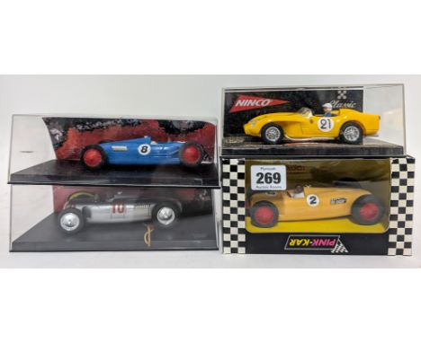Pink-Kar, CV011- 'Auto Union Type C (1936) (Amarillo)' model slot car, with 2 Pink-Kar models and 1 Ninco model, all boxed. (