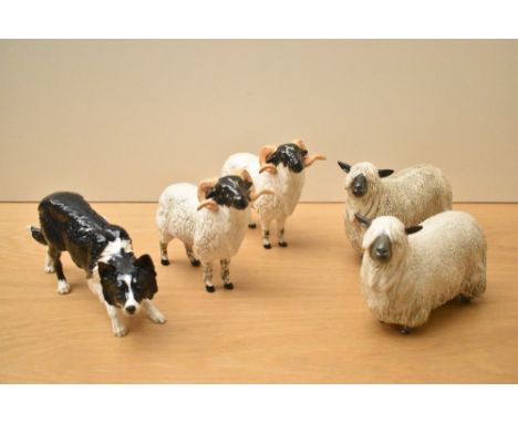 A group of five Beswick Pottery animal studies comprising two Wensleydale Sheep model number 4123 by Robert Donaldson in whit
