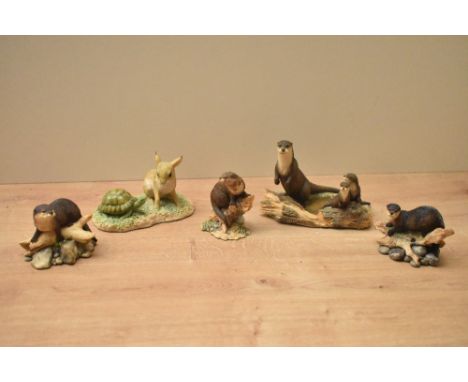 A group of five Border Fine Arts animal studies including 'Otter' model number RW2 and 'Hair and Tortoise' by Ray Ayres etc, 
