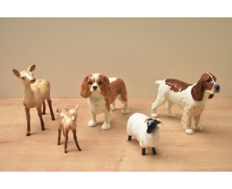 A group of five Beswick Pottery animal studies comprising King Charles Spaniel 'Blenheim' model number 2107A by Arthur Gredin
