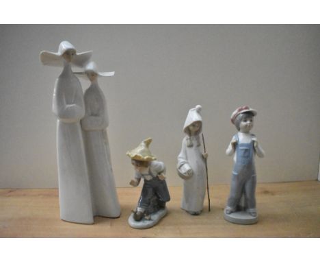 Four Lladro and Nao by Lladro porcelain figures/figurines comprising 'Two Nuns' model number 4611, 'Shepherdess' model number