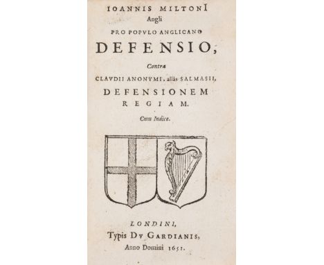 Milton (John) Pro populo Anglicano defensio, contra Claudii Anonymi, aliàs Salmasii, Defensionem regiam, title with woodcut a