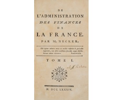 Necker (Jacques) Du Pouvoir Exécutif dans les Grands États, 2 vol., first edition, lacking half-titles, contemporary calf-bac