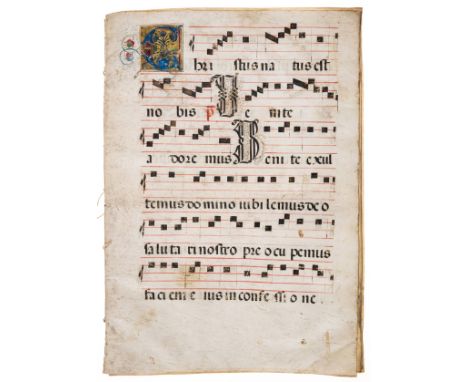 Choirbook leaves, manuscript on vellum, 8 leaves (16pp.), 1 2-line initial in gilt and colours (rubbed), 8 2-line initials in