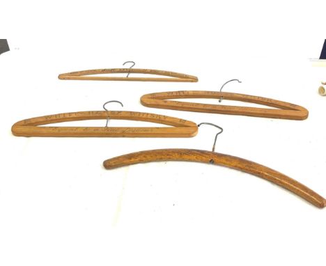 3 Vintage advertising wooden coat hangers, 2 whitehorse whiskeys, Swift Presswell, plus plain vintage coat hanger 