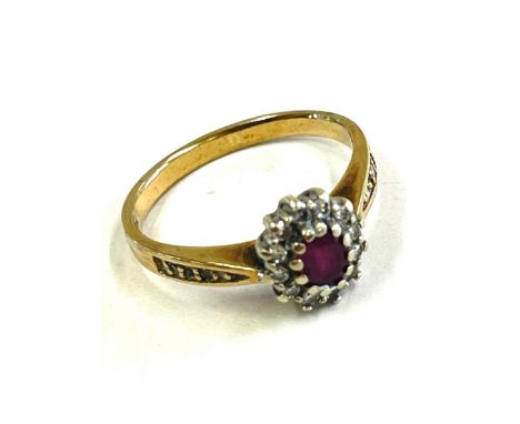 Ladies 9ct gold diamond and ruby ring, ring size M 