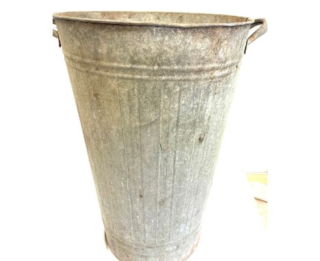 Vintage handled tall metal bin, approximate height 26 inches, diameter of top 17 inches 