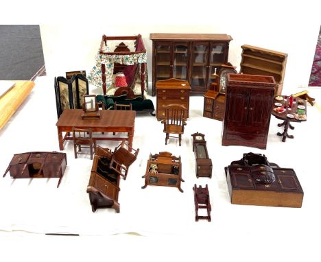 Selection of vintage Dolls house furniture to include dresser, 4 poster bed, table and chairs etc 