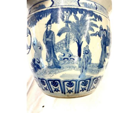 Blue and white chinese planter/ fish bowl measures approx 11" tall 12" diameter 