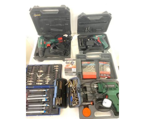 Selection of assorted tools includes 2 Cased drills, cased solder, drill bits etc all in. working order 