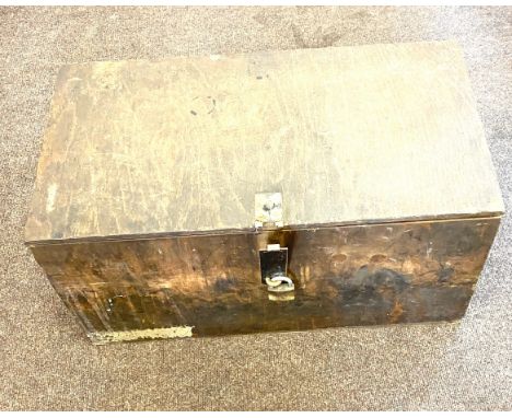 Vintage wooden tool box and tools includes hammer , drills, spanners etc measures approx 13 inches tall 25.5 inches wide 13.5