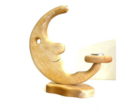 Carved wooden moon tea light holder, measures approx  13" tall 12" wide 