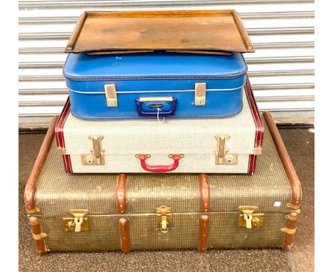 2 Vintage suitcases, travel trunk, oak bed tray 
