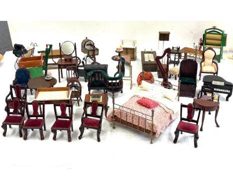 Selection of vintage dolls house furniture to include  tables, bath, chairs, piano etc 
