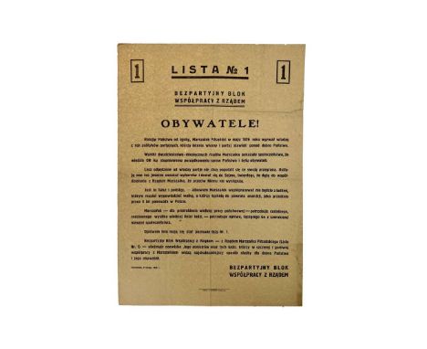 Leaflet published in 1928. Pre-election poster of the Nonpartisan Bloc for Cooperation with the Government encouraging people