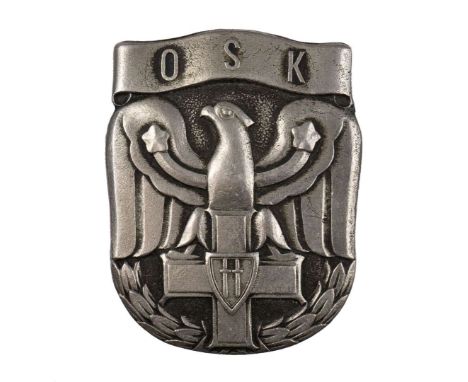 One-piece badge made of white metal, oxidized. A badge in the shape of a shield shield with a stylized eagle leaning its talo