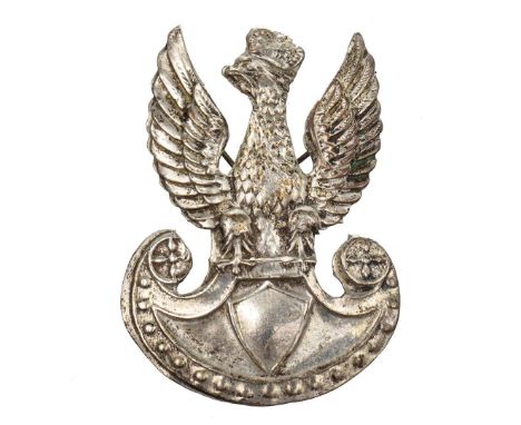 Polish eagle cap badge depicting an eagle with spread wings sitting on a amazon shield. The head is topped with a closed crow