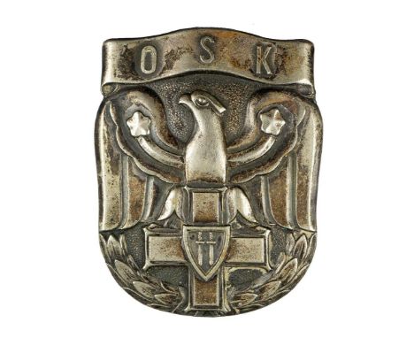 One-piece badge made of white metal, oxidized. A badge in the shape of a shield with a stylized eagle leaning its talons on t