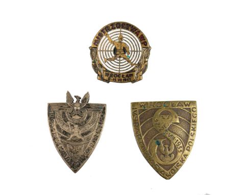 Set of three badges from the Polish People's Republic period, including: WP Wrocław Championship Badge, Polish Army Spartakia
