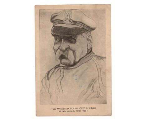 Leaflet print. Postcard with a reproduction of the portrait of Marshal Józef Piłsudski. "THE FIRST MARSHAL OF POLAND, JÓZEF P
