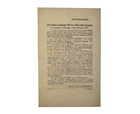 Leaflet print measuring 23.7 cm x 15 cm. “From the Soviet Information Office” from the war communique of August 6, 1944, info