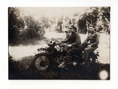 Polish Army soldiers on a Harley Davidson motorcycle, circa 1927-1935. The Harley logo is clearly visible on the tank. Photo 