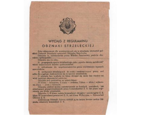 Extract from the Regulations of the Shooting Badge, a double-sided document. "KADRA" print, Warsaw, Długa 50. Dimensions, 19.
