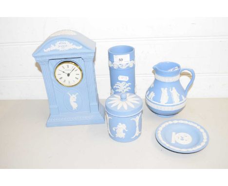 MIXED LOT WEDGWOOD BLUE JASPERWARES TO INCLUDE MANTEL CLOCK, VASES, AND OTHER ITEMS