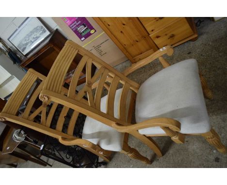 PAIR OF MODERN LIGHT WOOD FRAMED CARVER CHAIRS WITH CREAM UPHOLSTERED SEATS