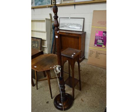 20TH CENTURY DARK WOOD STANDARD LAMP TOGETHER WITH A TWO-TIER OAK PLANT STAND (2)