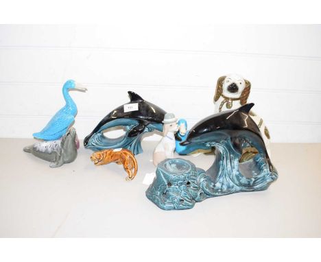 MIXED LOT TO INCLUDE POOLE POTTERY DOLPHINS, STAFFORDSHIRE DOGS, CHINESE BLUE GLAZED DUCKS AND OTHER ITEMS