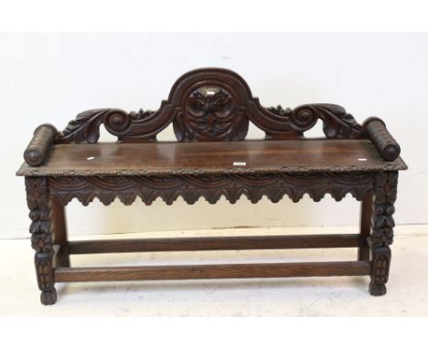 Victorian Oak Hall Bench / Window Seat, profusely carved including Green Man Mask, 122cms long x 74cms high 