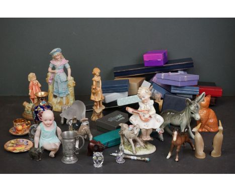 A box of mixed collectables to include crystal animals, ceramics and vintage jewellery boxes. 